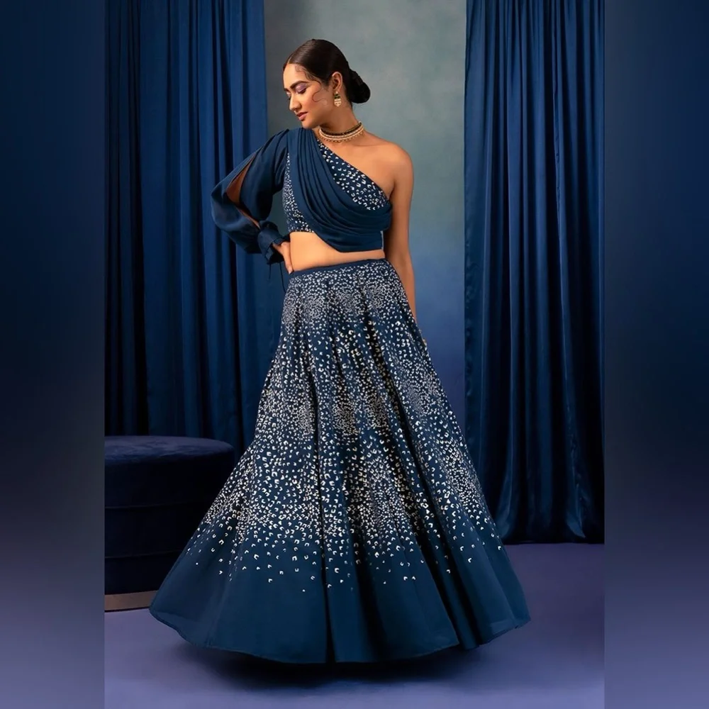 Teal Foil Print Lehenga & One Shoulder Blouse With Attached Drape — Size Medium - Picture 4 of 15